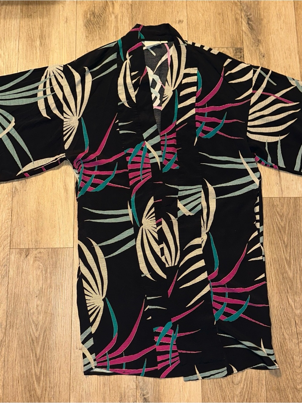 Anthropologie Maeve Black Tropical Tee with Teal and Pink Leaf Print
